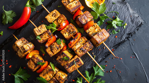 grilled tofu skewers with peppers and spices closeup