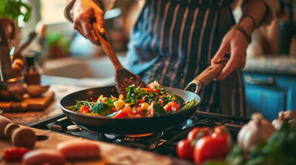 Person is cooking a colorful mix of vegetables in a wok