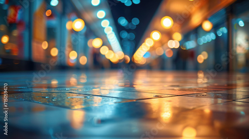 Low-angle view of a wet city street at night  illuminated by the warm glow of street lights and storefronts  creating a bokeh effect.