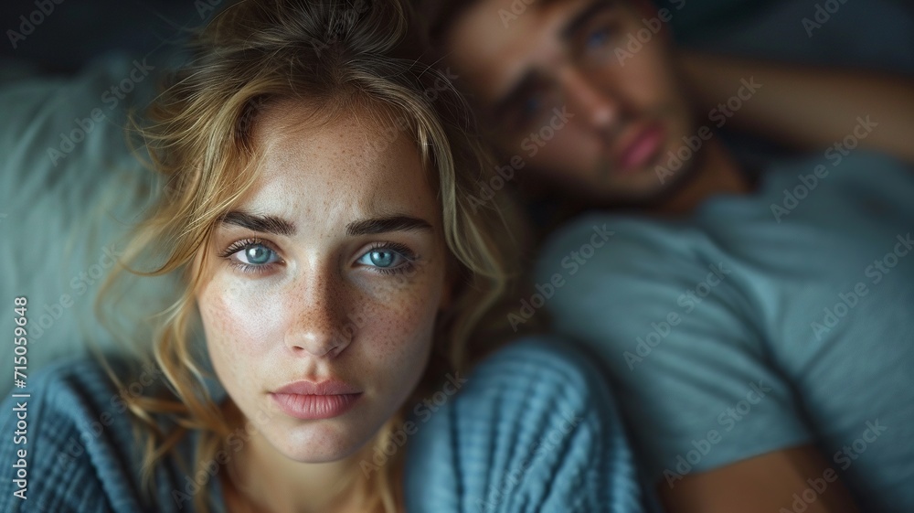 A picture of a woman with a very uncomfortable expression on her face. while her husband was snoring loudly in the background generative ai A picture of a woman with a very uncomfortable expression on her face. while her husband was snoring loudly in the background generative ai