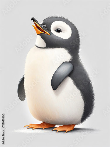 Side profile of a very  very cute and fluffy little penguin smiling with its beak open in the style of a children   s book illustration