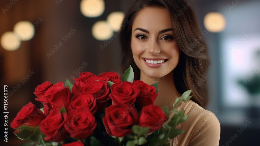 Smiling woman holds a beautiful bouquet of red roses. Lights at the background. St. Valentine's Day. AI Generated Smiling woman holds a beautiful bouquet of red roses. Lights at the background. St. Valentine's Day. AI Generated
