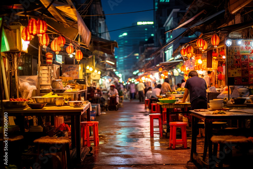 bustling night market with colorful stalls and delicious street food photo