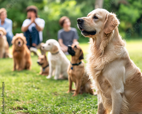 Golden retriever attentively participating in a group dog training session in a park with blurred owners in the background. Outdoor pet training activity with copy space. Design for banner, poster. 