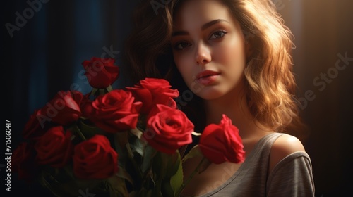 Beautiful young lady with a bouquet of red roses. AI Generated 
