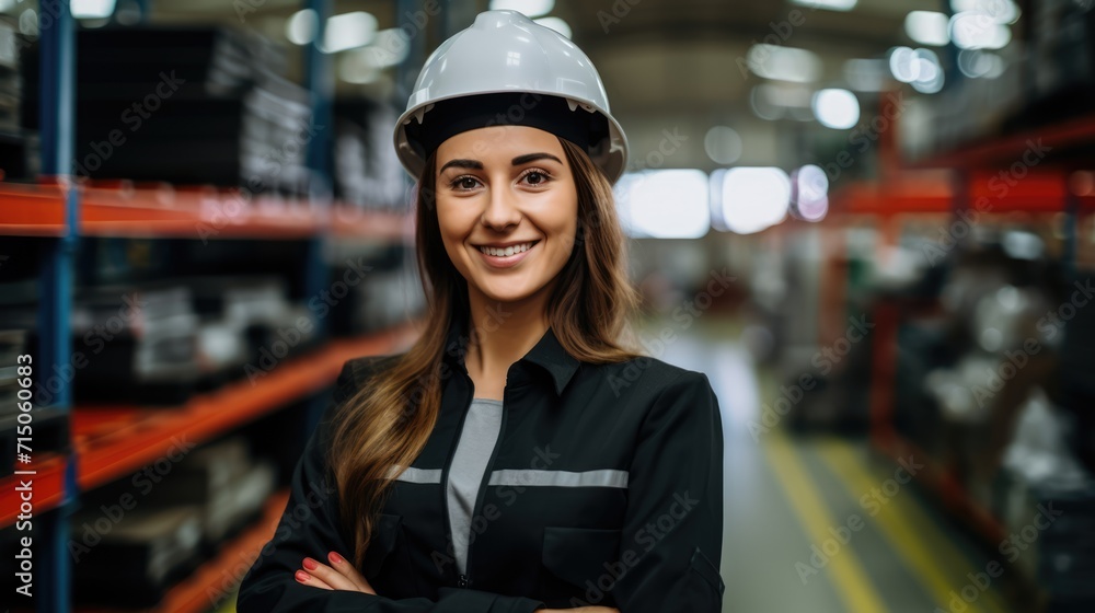 A determined woman, wearing a helmet and rugged work clothes, stands confidently in the foreground of a warehouse, exuding strength and resilience. A determined woman, wearing a helmet and rugged work clothes, stands confidently in the foreground of a warehouse, exuding strength and resilience.