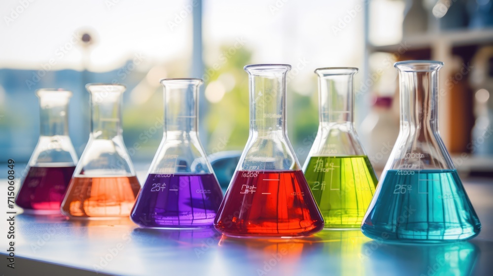 The table is adorned with a stunning array of medical flasks, each containing vibrant and colorful reagents, creating a mesmerizing visual display. The table is adorned with a stunning array of medical flasks, each containing vibrant and colorful reagents, creating a mesmerizing visual display.