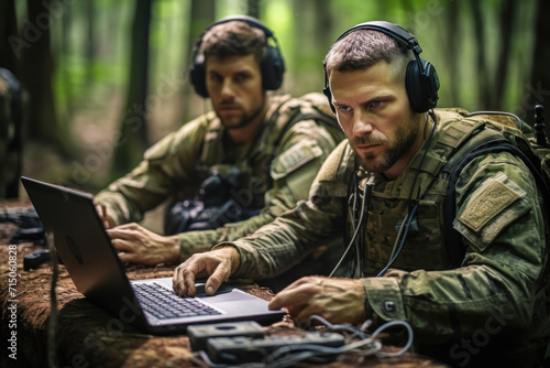 Military personnel using headphones and laptop in forest environment