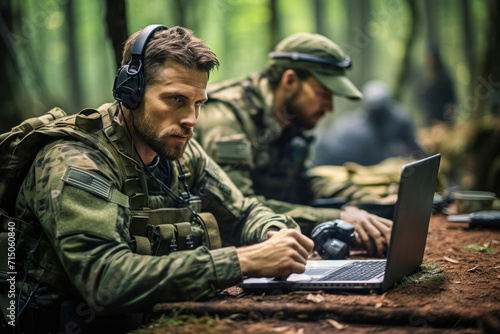 Soldiers in camouflage using headphones and laptop in natural forest