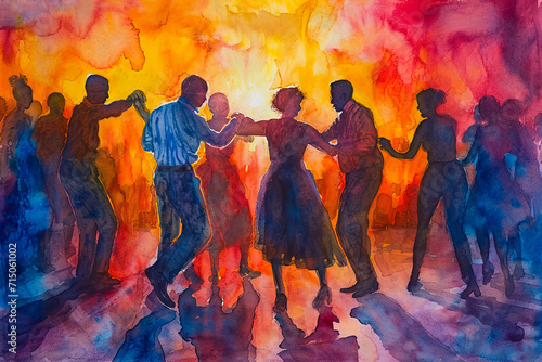 lovely watercolor painting of a group of people dancing