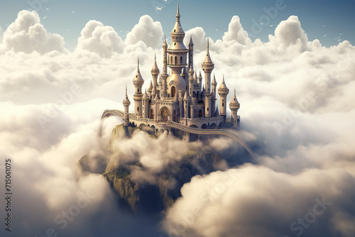 mystical castle in the clouds with turrets and floating islands photo