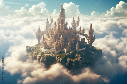 mystical castle in the clouds with turrets and floating islands photo
