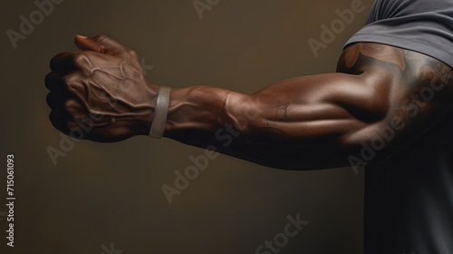 Bodybuilder's arm with muscles, biceps and veins on solid background. Sport, fitness, arm wrestling. AI Generated 