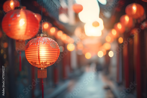 Chinesisches Stadtzauber: Hintergrund mit leuchtenden Lampions in den Straßen von China Town, eingefangen im städtischen Bokeh der Nacht.