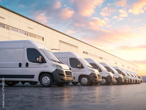 Fleet of white delivery vans parked in a row at sunset. Logistic and transportation concept with copy space. Design for banner, logistic poster, transportation services wallpaper
