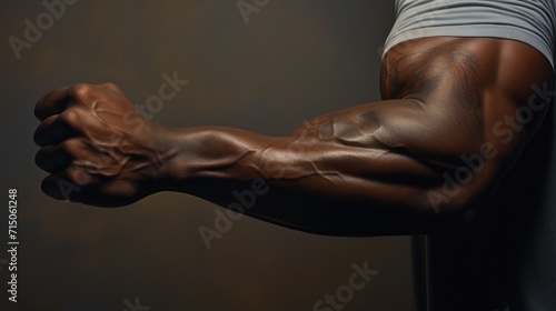 Bodybuilder's arm on solid background. Power, strength concept. Sport, fitness, arm wrestling. AI Generated 