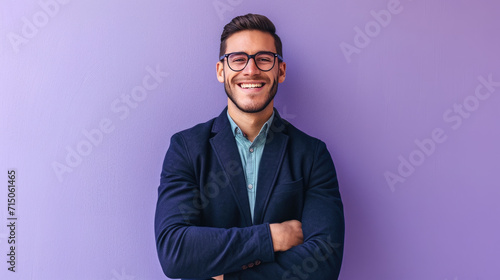 Man is smiling and standing confidently with his arms crossed, set against a plain purple background