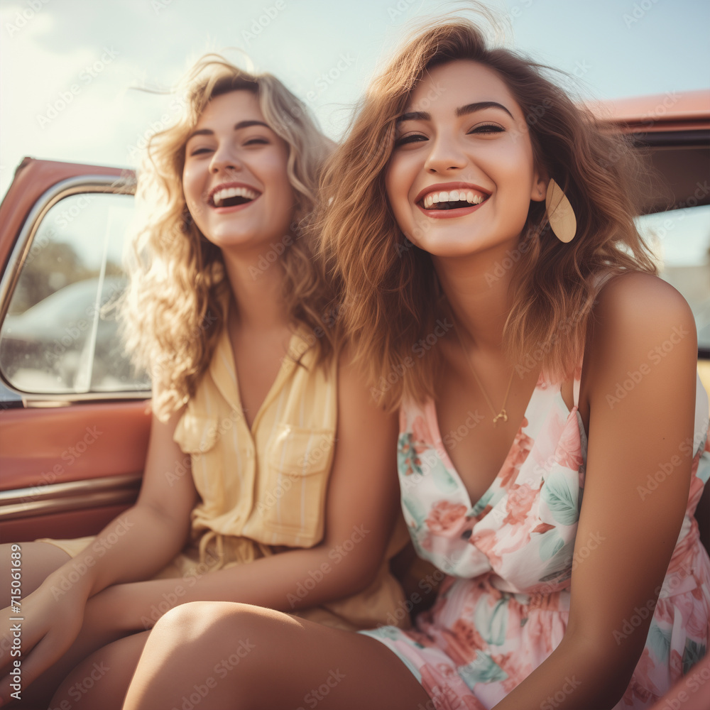 Two female friends smiling and enjoying sitting on a car Two female friends smiling and enjoying sitting on a car