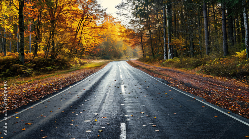 Fototapeta premium Wet autumn road surrounded by vibrant fall forest. Seasonal scenery and driving concept with copy space. Design for banner, travel poster, autumn themed wallpaper. 