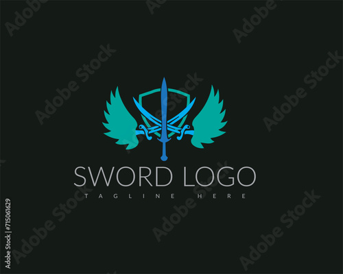 Swords and shield minimalist logo design template.