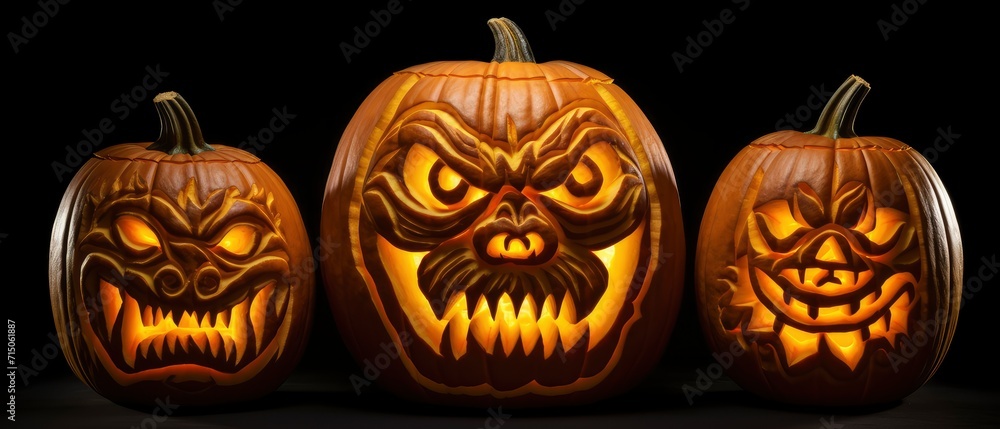 Obraz premium Three Carved Pumpkins With Scary Faces - Halloween Decorations for Spooky Celebrations