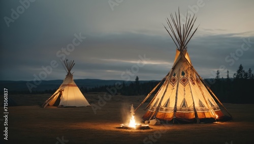 indian teepee with fire in the foreground at sunset