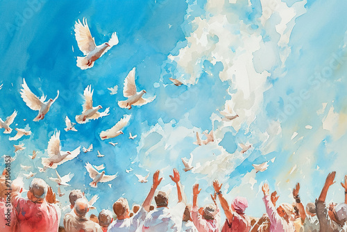 whimsical watercolor painting of a group of people releasing doves into the sky © Formoney