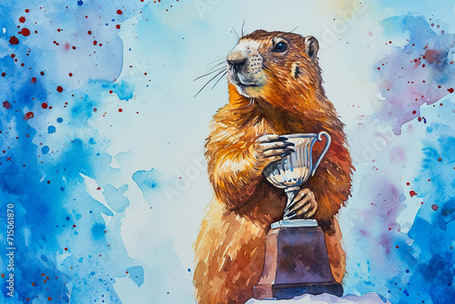 wondrous watercolor illustration of a groundhog holding a trophy. photo