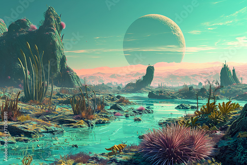 An otherworldly alien planet with strange plants and creatures