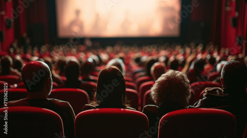 Audience is seated in a cinema with a focus on the back of their heads, looking towards a blank movie screen with red seats and atmospheric lighting.