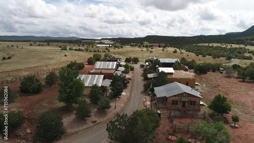 Aerial drone footage of western town movie set in Arizona