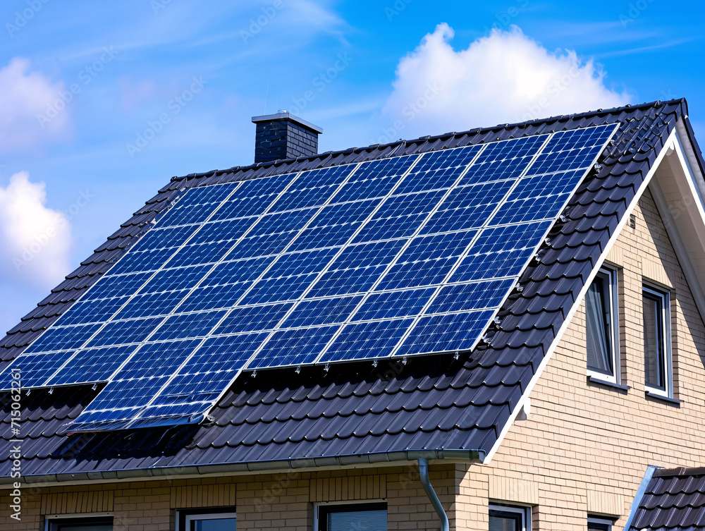 House with a solar paneled roof on a clear day. Sustainable energy and eco-friendly housing concept with copy space. Design for banner, environmental brochure, green living poster
