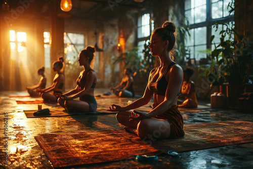 Women sitting on yoga mats meditating