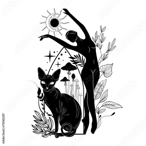 Mystical black cat. Moon, sun, grass, stars. Esoteric symbols, tattoo, logo. 