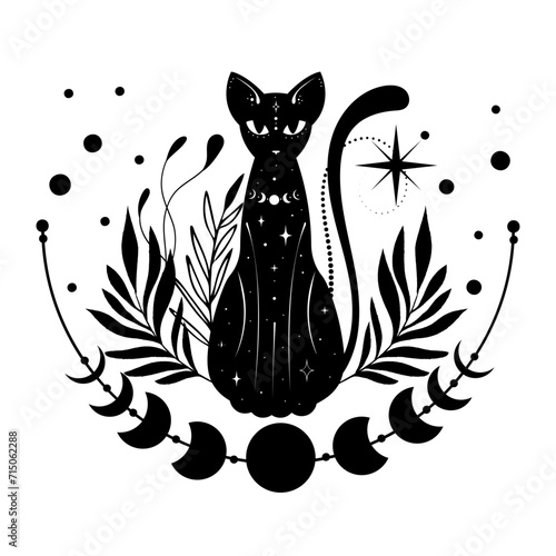 Mystical black cat. Moon, sun, grass, stars. Esoteric symbols, tattoo, logo. 