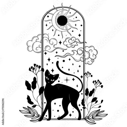Mystical black cat. Moon, sun, grass, stars. Esoteric symbols, tattoo, logo. 