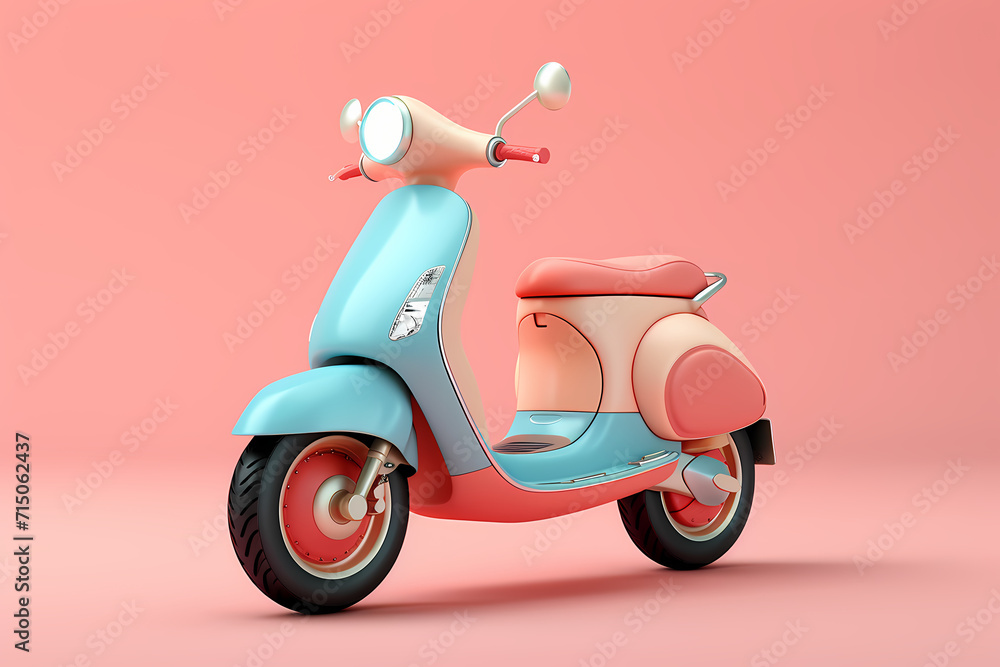 A vintage-inspired vespa scooter with a striking blue and pink color scheme, its wheels ready to hit the road and transport you to a world of nostalgic charm and carefree adventures