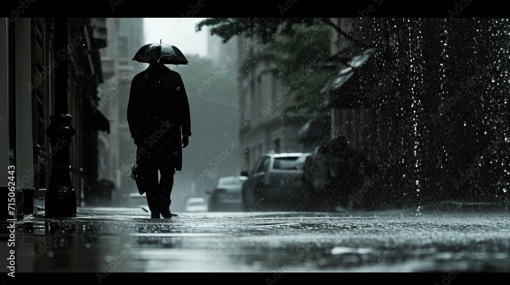 Obraz premium Person walking in the street in rain during the night