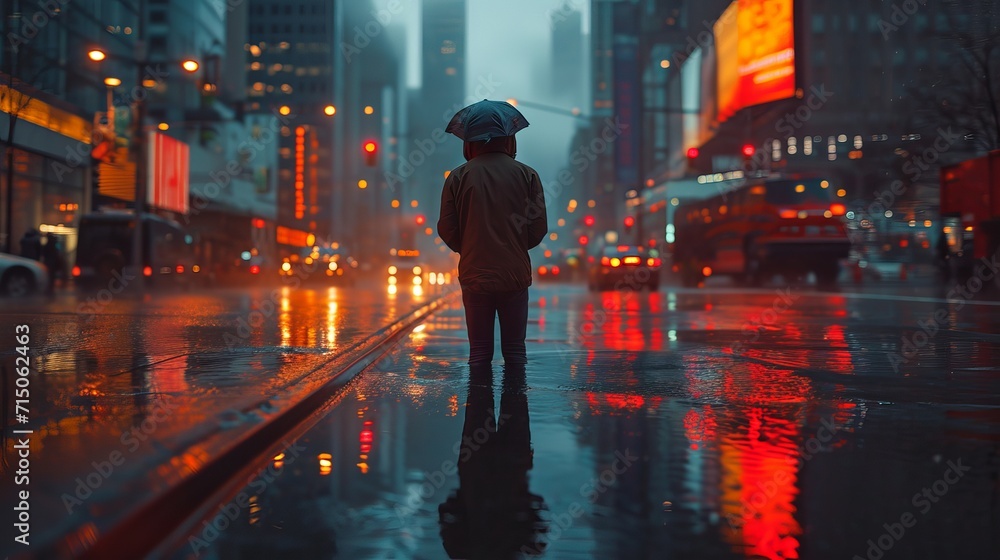 Person walking in the street in rain during the night