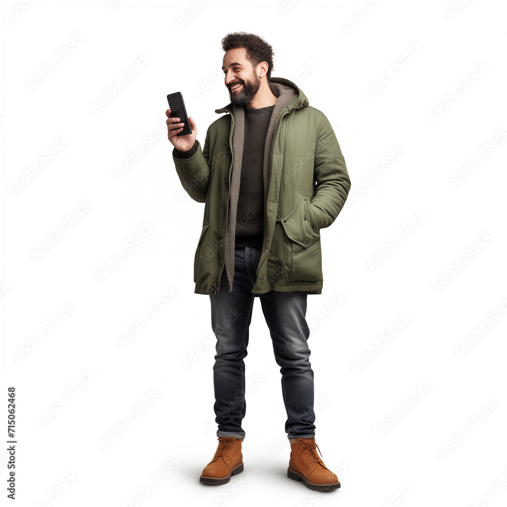 Full length shot man using smartphone isolated on white background