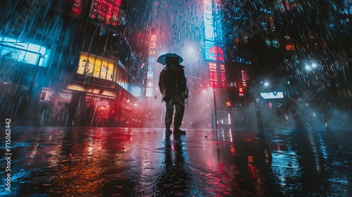 Person walking in the street in rain during the night