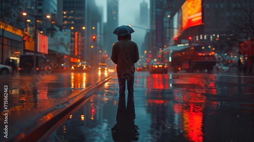 Person walking in the street in rain during the night