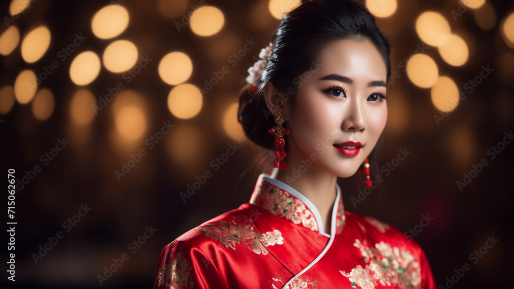 portrait a beautiful girl , women wearing a cheongsam,  chinese new year's eve, asian girl in traditional suit, chinese new year background