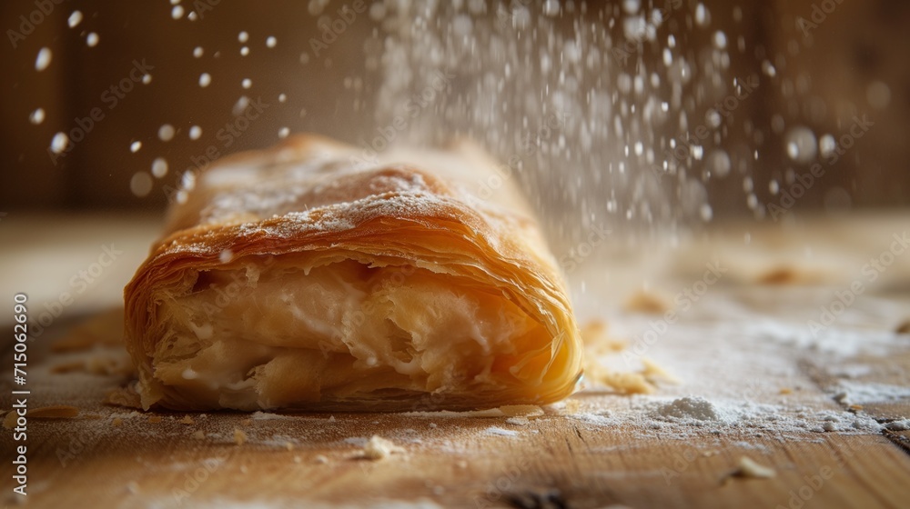 Icing sugar being sprinkled onto a freshly baked, flaky strudel Icing sugar being sprinkled onto a freshly baked, flaky strudel