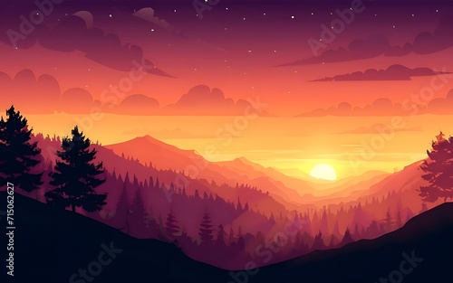 Free photo sunset and silhouettes of trees in the mountains, illustration, 3d render generative ai