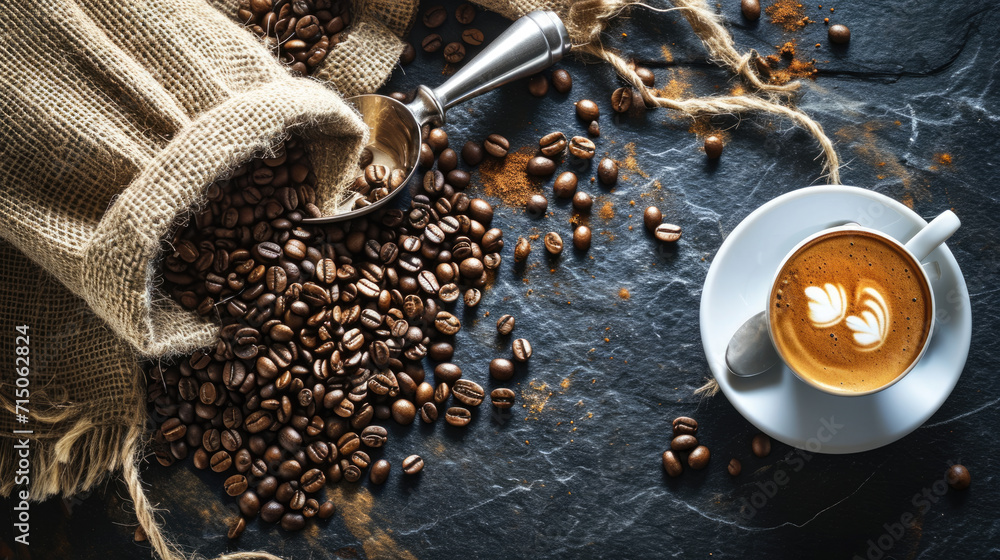 Close-up view of a freshly brewed cup of espresso with a creamy crema on top, accompanied by coffee beans spilling out from a burlap sack - obrazy, fototapety, plakaty 