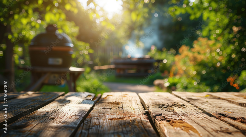 Close-up of a rustic wooden table top with a blurred background of a garden and warm sunlight filtering through the leaves.