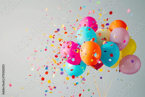 multicolored balloons and confetti. Flying multi-colored helium balloons without ribbons background the blue sky. Celebration and colorful confetti party. , concept of happy birthday.