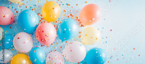 multicolored balloons and confetti. Flying multi-colored helium balloons without ribbons background the blue sky. Celebration and colorful confetti party.   concept of happy birthday.