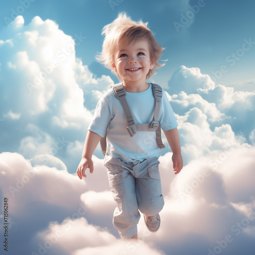 Little child in the sky walking on clouds